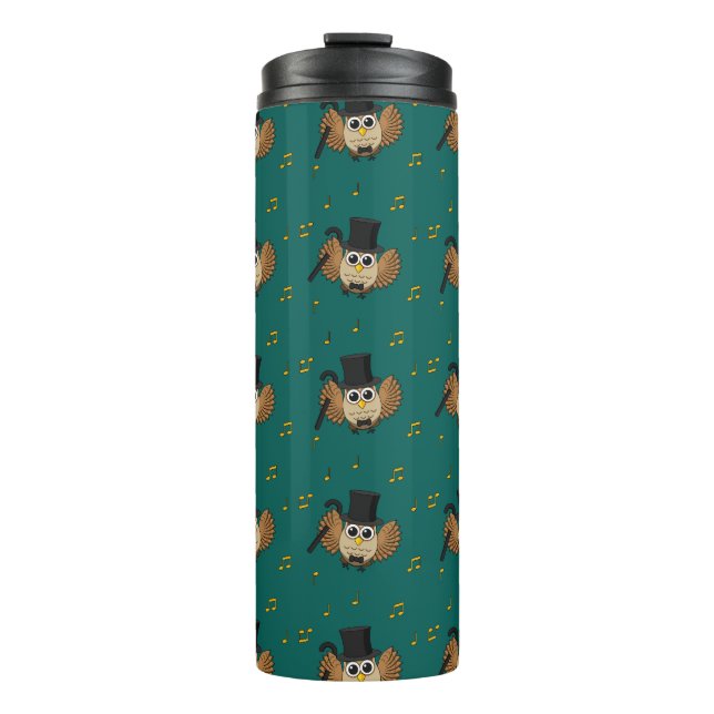 Cute Dancing Owl with Music Notes Cartoon Thermal Tumbler (Front)