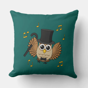 Cute Dancing Owl with Music Notes Cartoon Throw Pillow