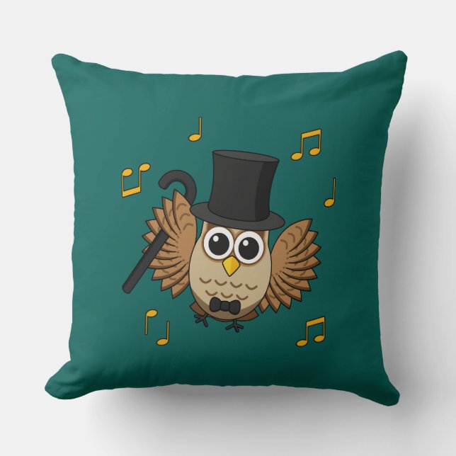 Cute Dancing Owl with Music Notes Cartoon Throw Pillow (Front)