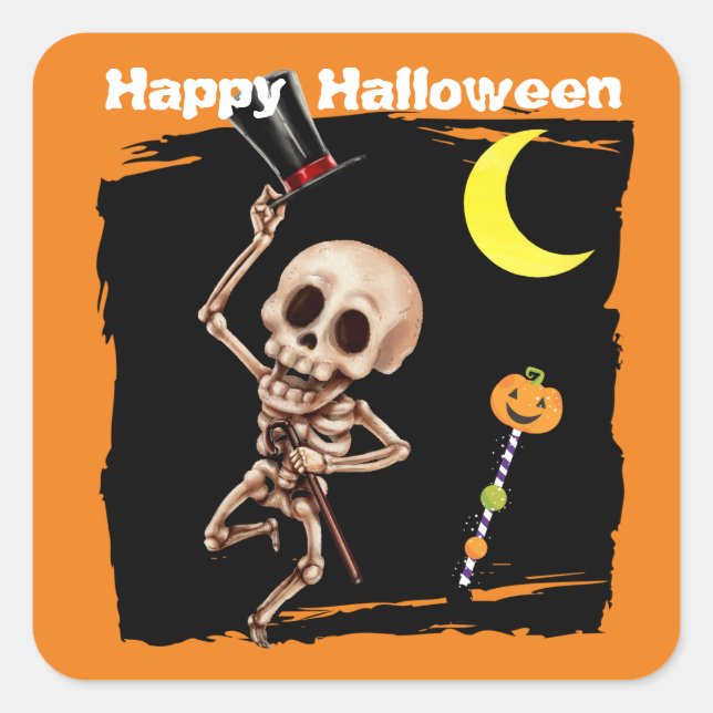Cute Dancing Skeleton Kids Halloween Square Sticker (Front)