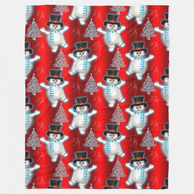 Cute Dancing Snowmen Red Christmas Fleece Blanket (Front)