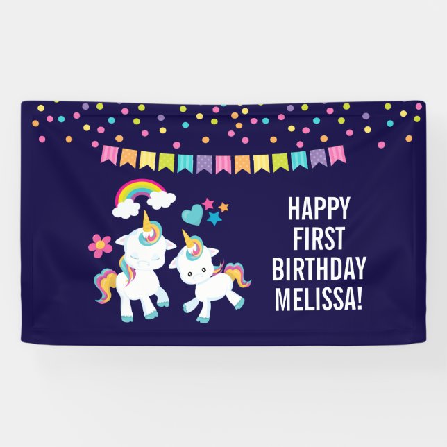 Cute Dancing Unicorns Magical Rainbow Birthday Banner (Horizontal)
