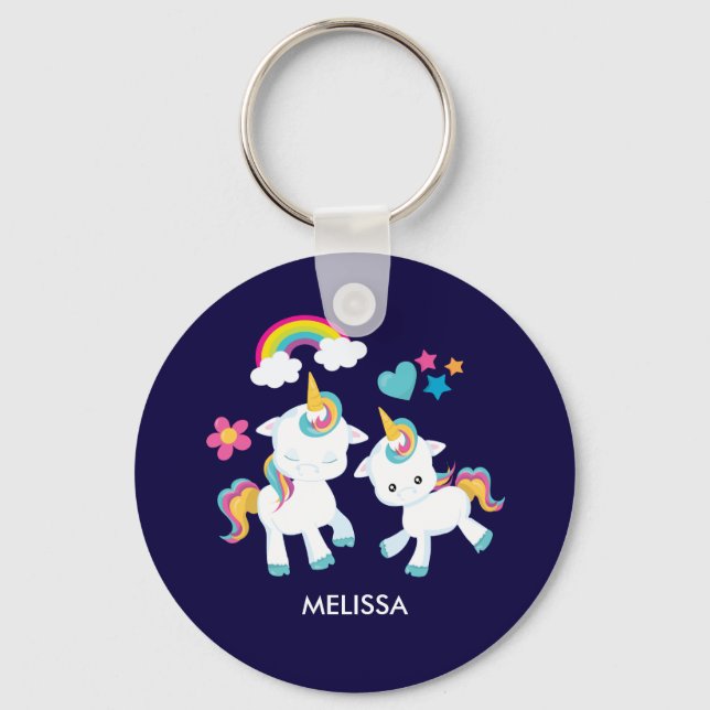 Cute Dancing Unicorns Magical Rainbow & Stars Keychain (Front)