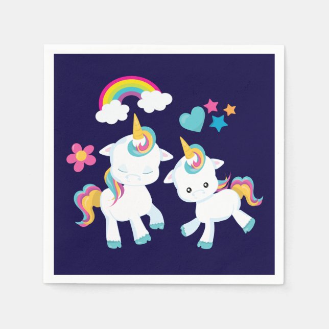 Cute Dancing Unicorns Magical Rainbow & Stars Napkin (Front)