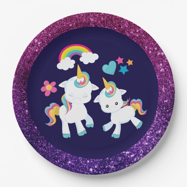 Cute Dancing Unicorns Magical Rainbow & Stars Paper Plate (Front)