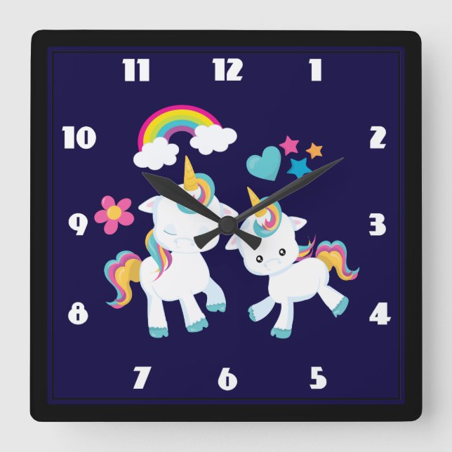 Cute Dancing Unicorns Magical Rainbow & Stars Square Wall Clock (Front)