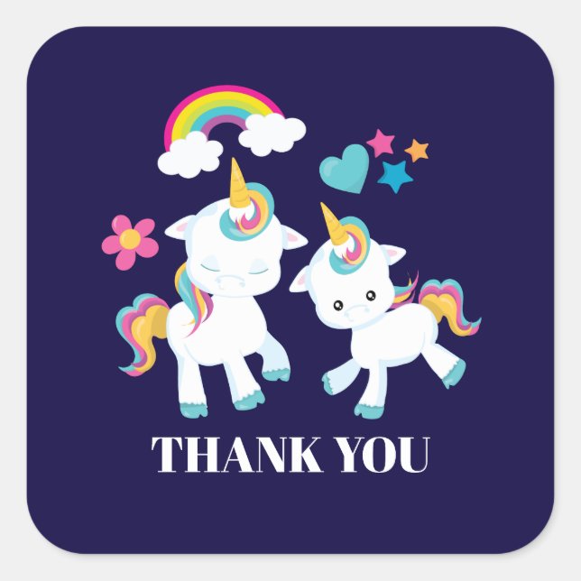 Cute Dancing Unicorns Magical Rainbow Thank You Square Sticker (Front)