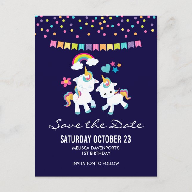 Cute Dancing Unicorns Magical Save the Date Postcard (Front)
