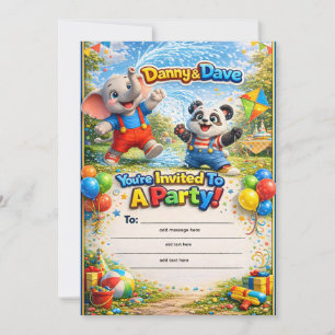 Cute Danny and Dave elephant and panda kids birthd Invitation