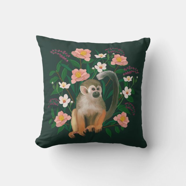 Cute Dark Green Botanical Floral Squirrel Monkey Throw Pillow (Front)