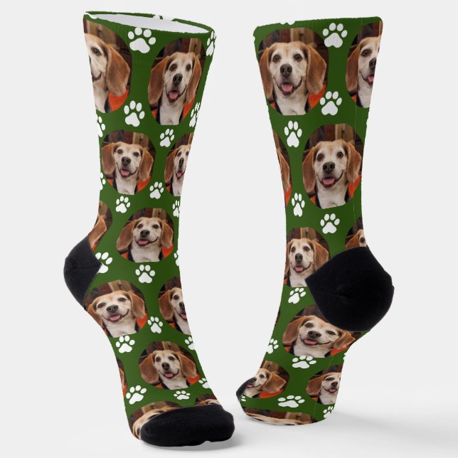 Cute Dark Green Pet Photo & Paw Prints Cat Dog  Socks (Angled)