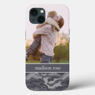Cute Dark Grey Camo Personalized Photo iPhone 13 Case
