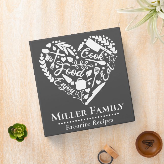 Cute Dark Grey Family Name Heart Recipe Cookbook Binder (In Situ)