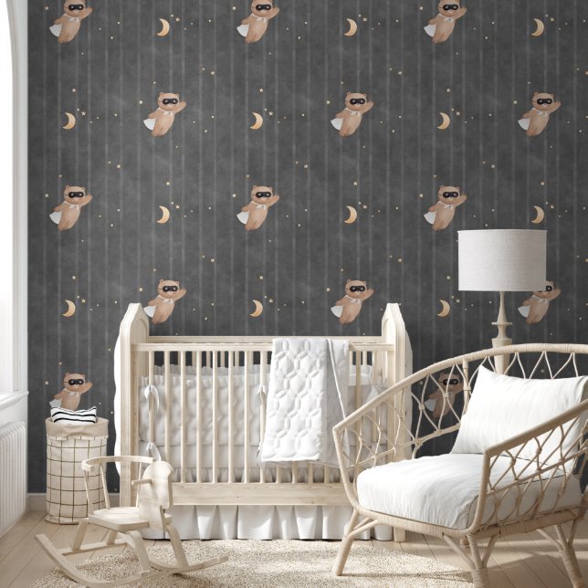 Cute Dark Grey Flying Superhero Teddy Bear Nursery Wallpaper (Kids)