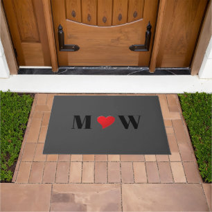 Cute dark grey red heart custom couple monogram doormat