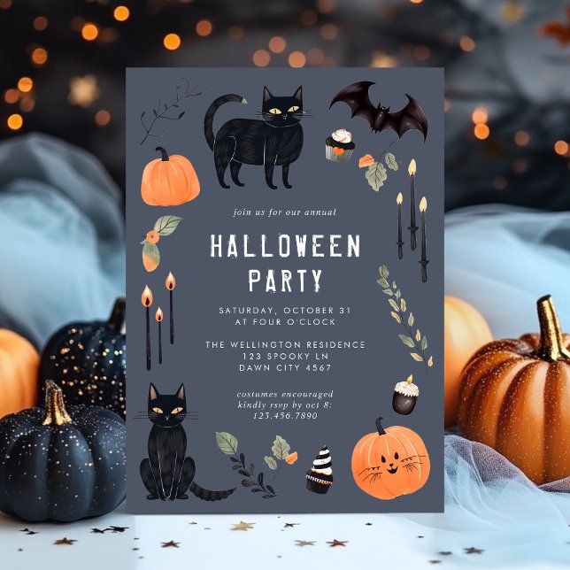 Cute Dark Halloween Cat Bat Pumpkin Party Invitation (Creator Uploaded)