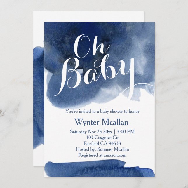 Cute dark navy blue watercol babyshower invitation (Front/Back)