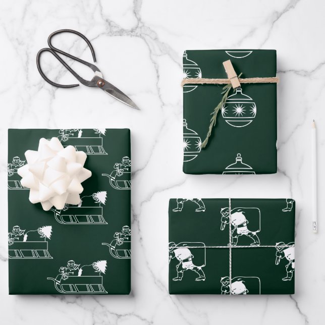 Cute dark pine green assorted patterns Christmas Wrapping Paper Sheet (Front)