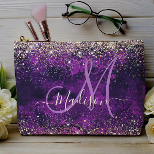 Cute dark purple gold faux glitter monogram accessory pouch