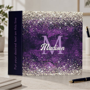 Cute dark purple gold faux glitter monogram binder