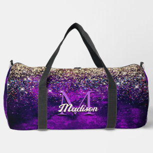 Cute dark purple gold faux glitter monogram duffle bag