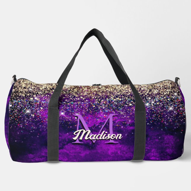 Cute dark purple gold faux glitter monogram duffle bag (Front)