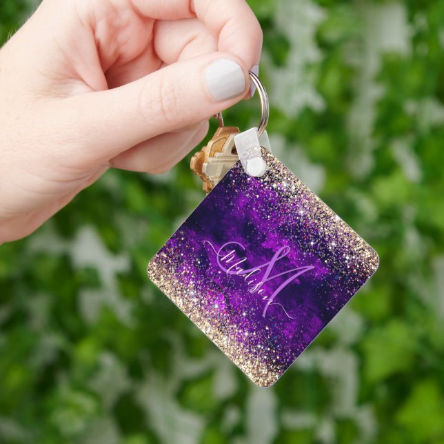 Cute dark purple gold faux glitter monogram keychain (Hand)