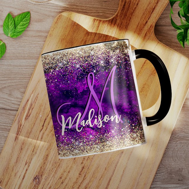 Cute dark purple gold faux glitter monogram mug (Creator Uploaded)