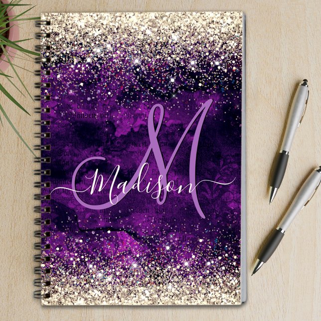 Cute dark purple gold faux glitter monogram notebook (Creator Uploaded)