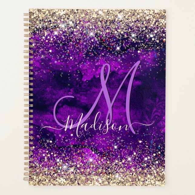 Cute dark purple gold faux glitter monogram planner (Front)