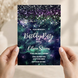 Cute dark purple green faux glitter invitation