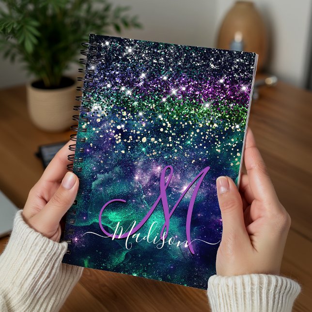 Cute dark purple green faux glitter monogram planner (Creator Uploaded)