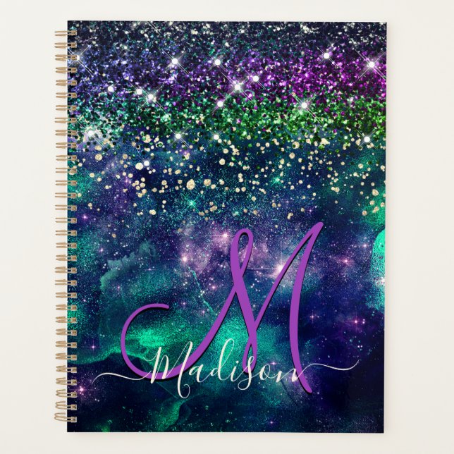 Cute dark purple green faux glitter monogram planner (Front)