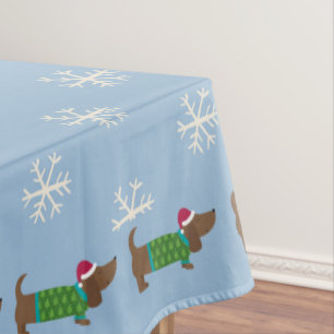 Cute Daschund and Snowflakes Blue Illustrated  Tablecloth