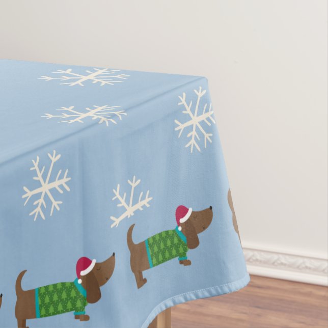 Cute Daschund and Snowflakes Blue Illustrated  Tablecloth (In Situ)