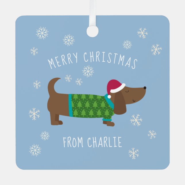 Cute Daschund Photo Christmas Metal Ornament (Front)