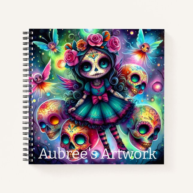 Cute Day of the Dead Doll and Sugar Skulls Artwork Notebook (Front)