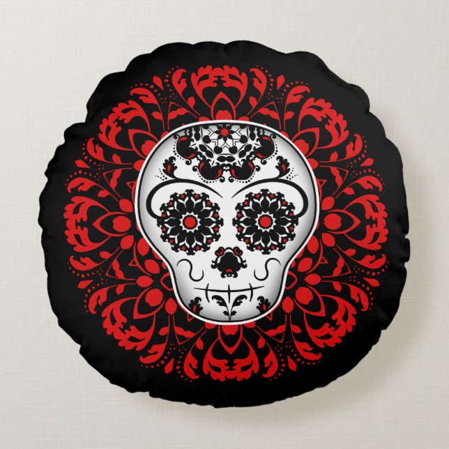 Cute Day of the dead sugar skull Halloween Round Pillow (Front)