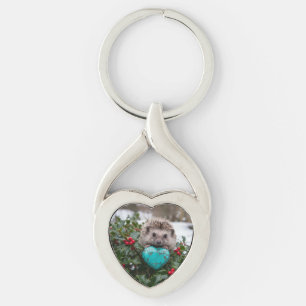 Cute December Hedgehog with Turquoise Heart Keychain