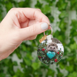Cute December Hedgehog with Turquoise Heart Keychain