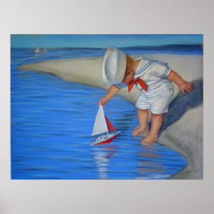 Cute decor art beach Poster, Sailor Boy & sailboat