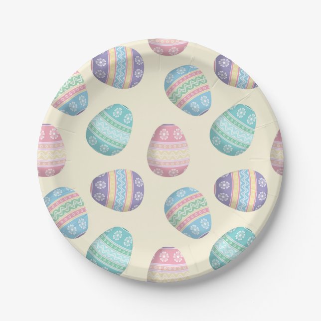 Cute Decorated Easter Eggs on Yellow Paper Plate (Front)