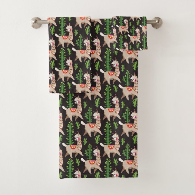 Cute Decorated Llamas Pattern Bath Towel Set (Insitu)