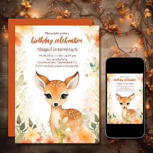 Cute Deer and Flowers   Pretty Woodland Birthday Invitation