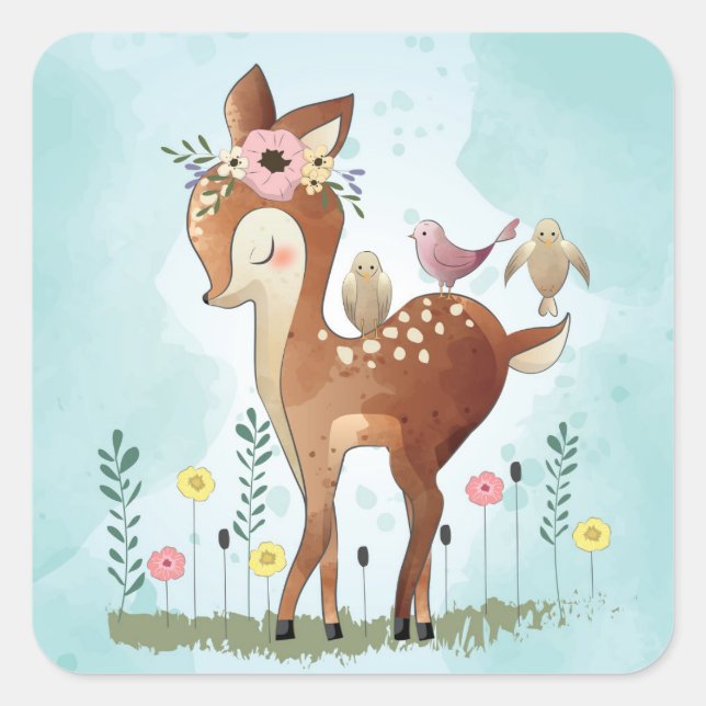 Cute Deer And Friends Square Sticker (Front)