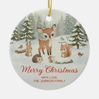 Cute Deer and Woodland Animals Merry Christmas Ceramic Ornament