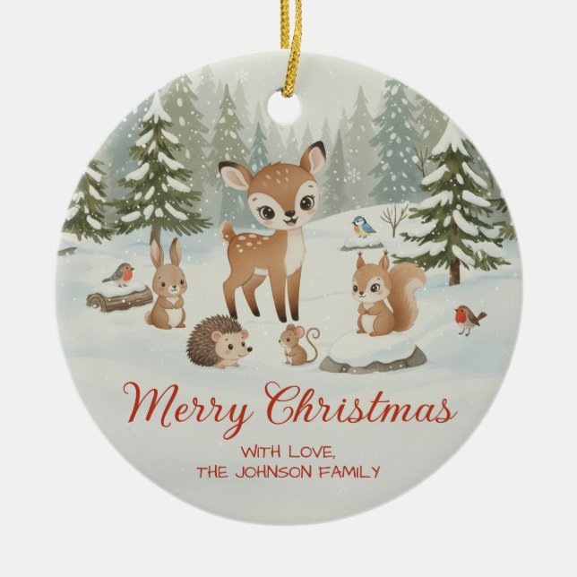 Cute Deer and Woodland Animals Merry Christmas Ceramic Ornament (Front)