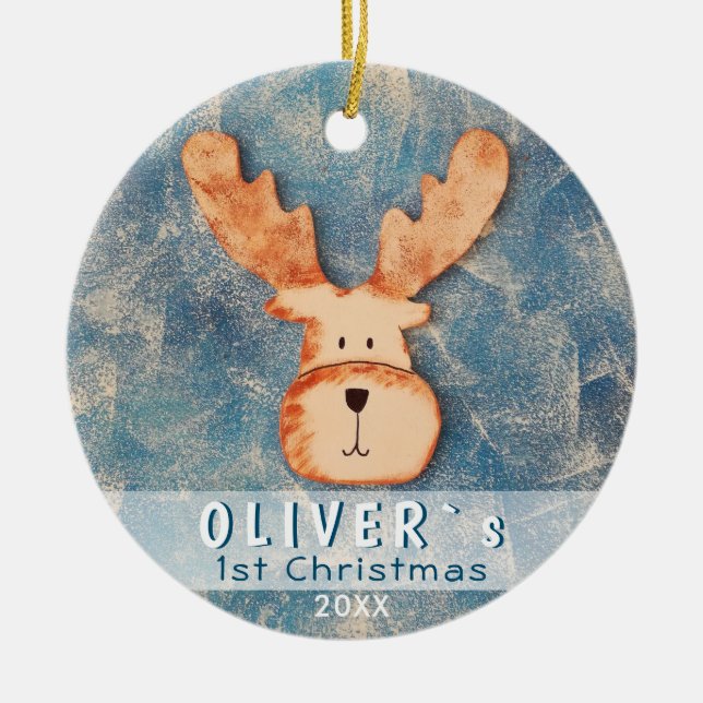 Cute Deer Baby`s First Christmas Ceramic Ornament (Front)