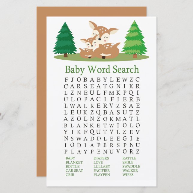 Cute Deer Baby Shower Word Search Game (Front/Back)