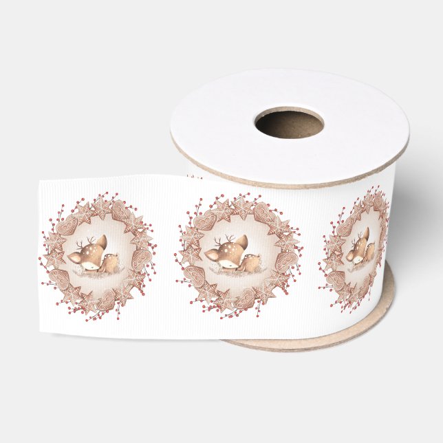 Cute Deer Beige Red Christmas Grosgrain Ribbon (Spool)